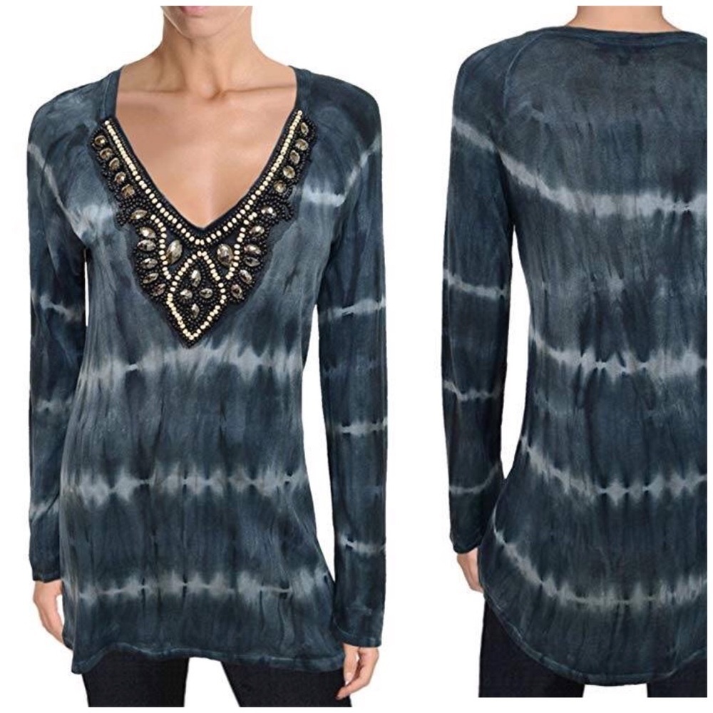 Free Society Beaded Top Womens Medium Tie Dye Vneck Boho Rocker Glam Steampunk - Picture 2 of 11